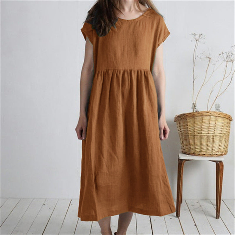 Solid-color Pleated Loose-fit Casual Cotton-linen Dress For Women