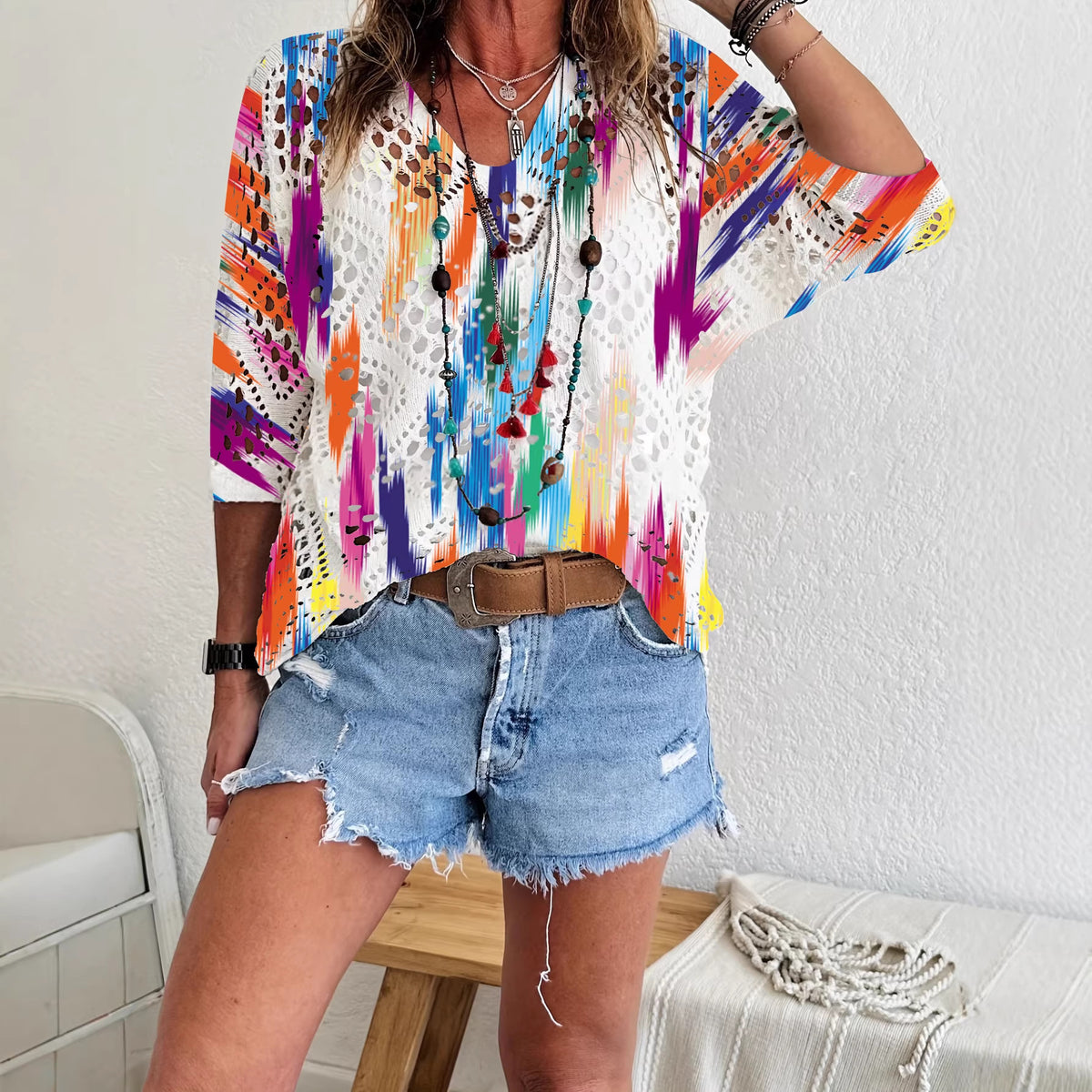 Womens Hollowed-Out Batwing-Sleeve Sweater With 3D Knitted Print