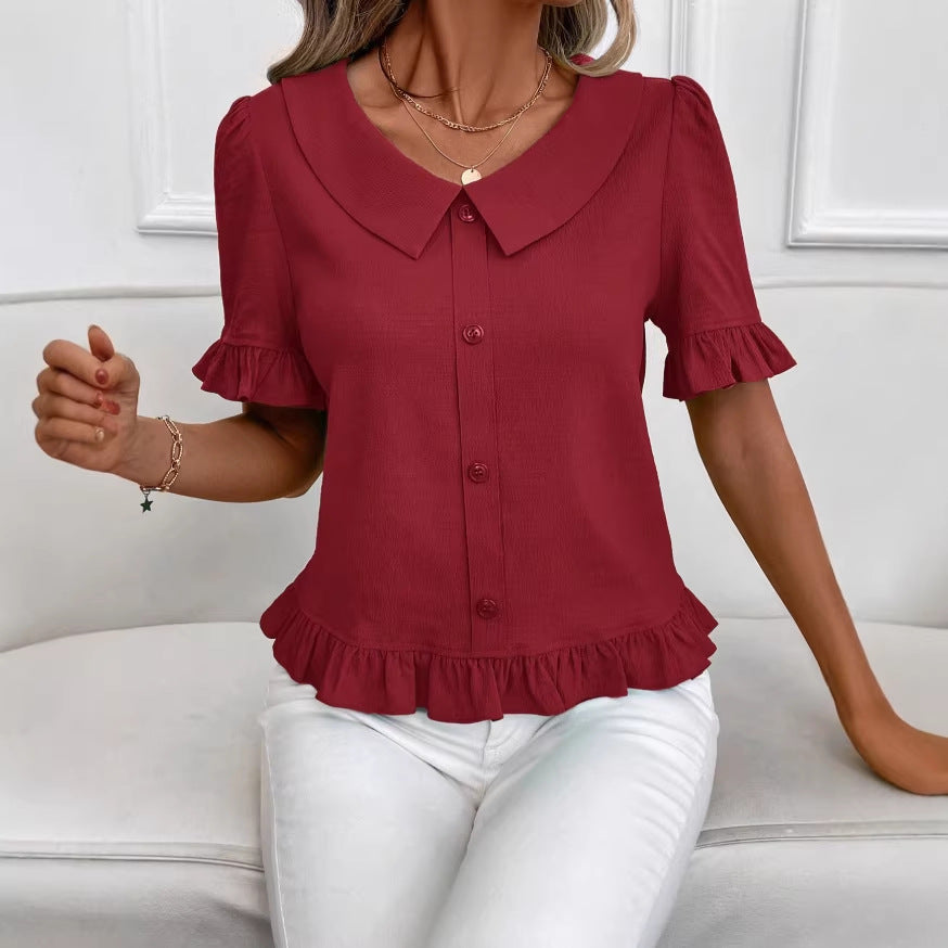 Women's Front-Button Petal-Sleeve Short-Sleeve Summer Fashion