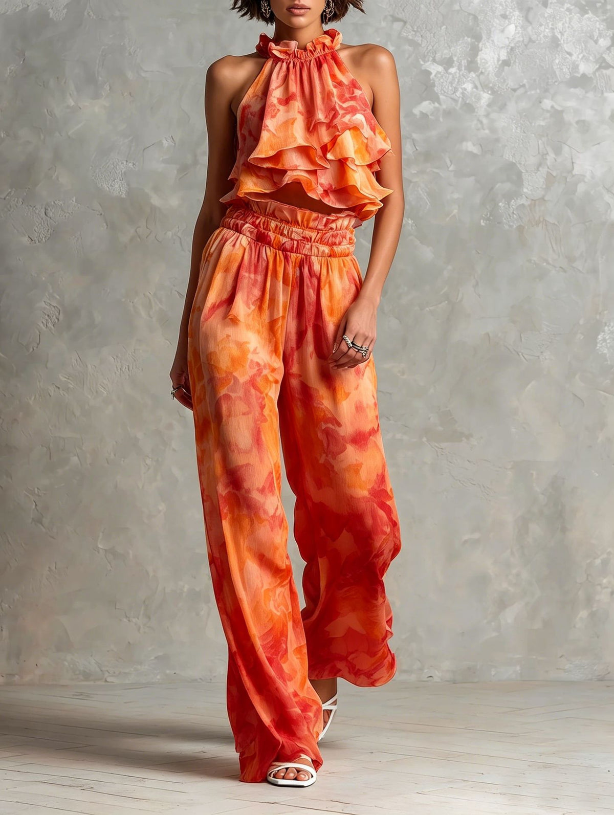 Neck-hanging Printed Top Pants Summer Set