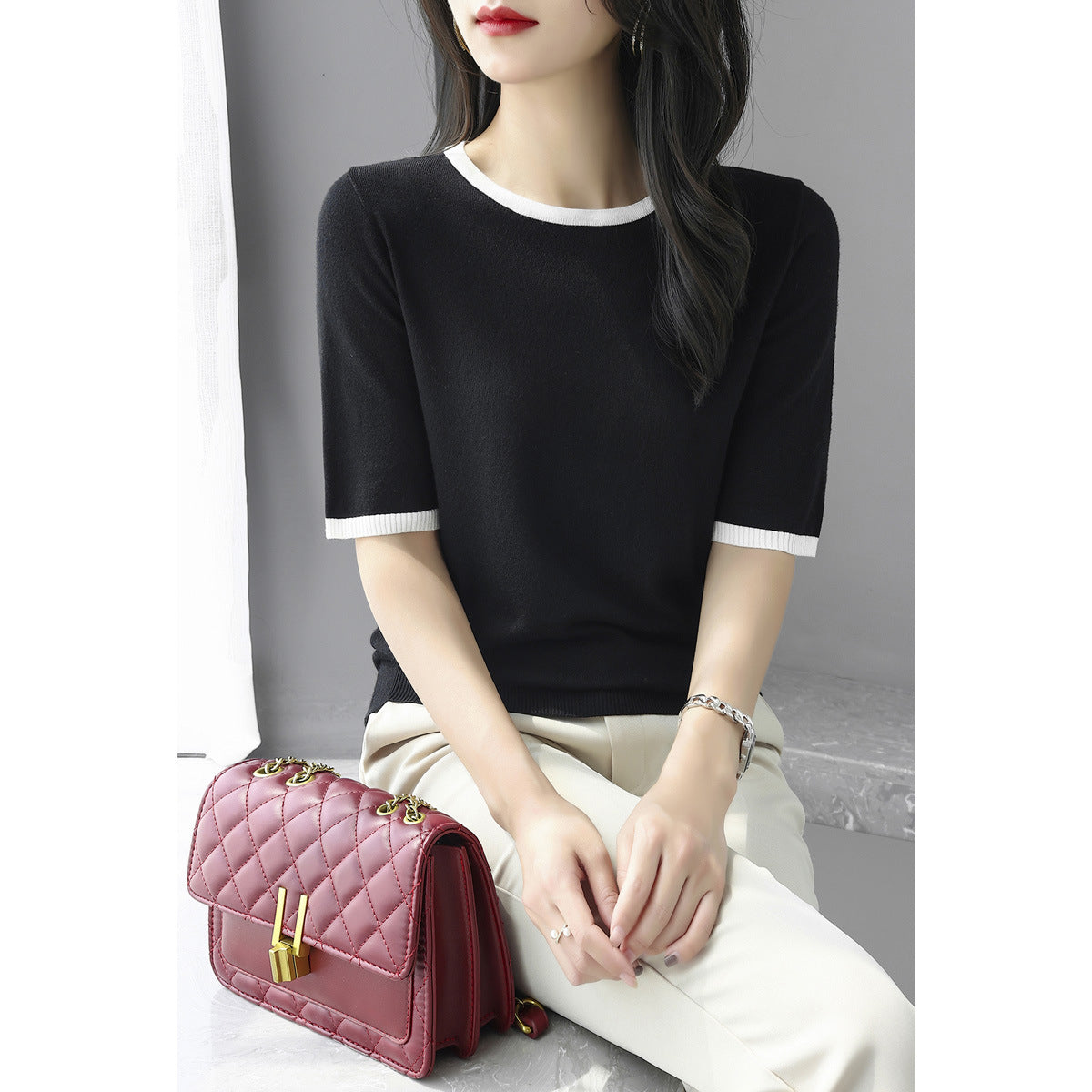 Color-blocked Three-quarter-sleeve Versatile Chic Base Top