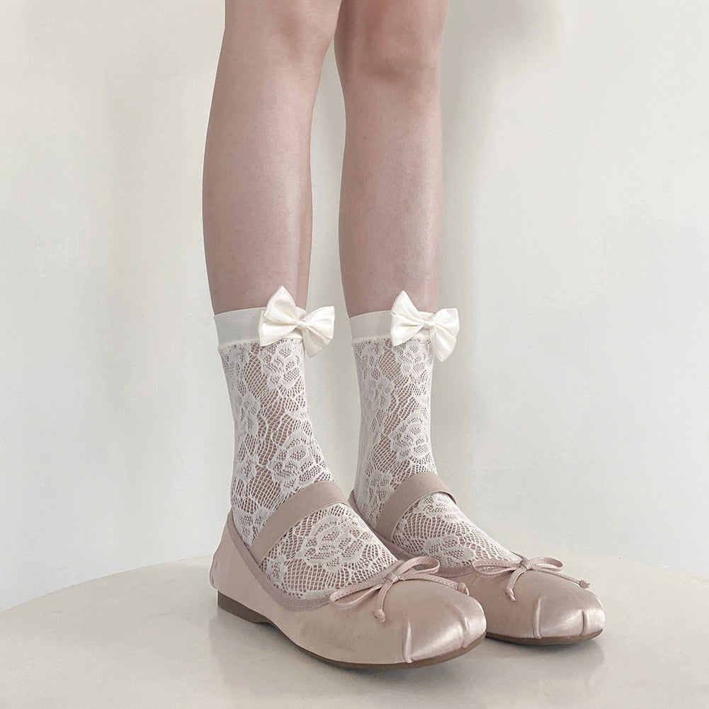 Ballet Style Milk White Lace Satin Bow Socks Summer Thin Women's Socks