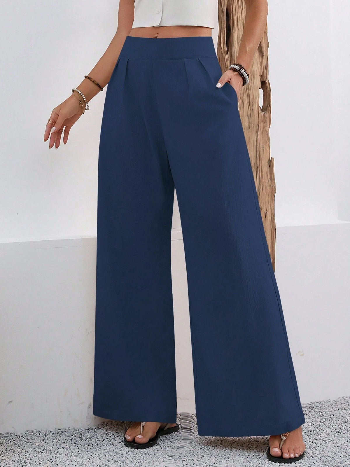Pocketed High-waisted Fashionable Versatile Wide-leg Trousers Long Pants