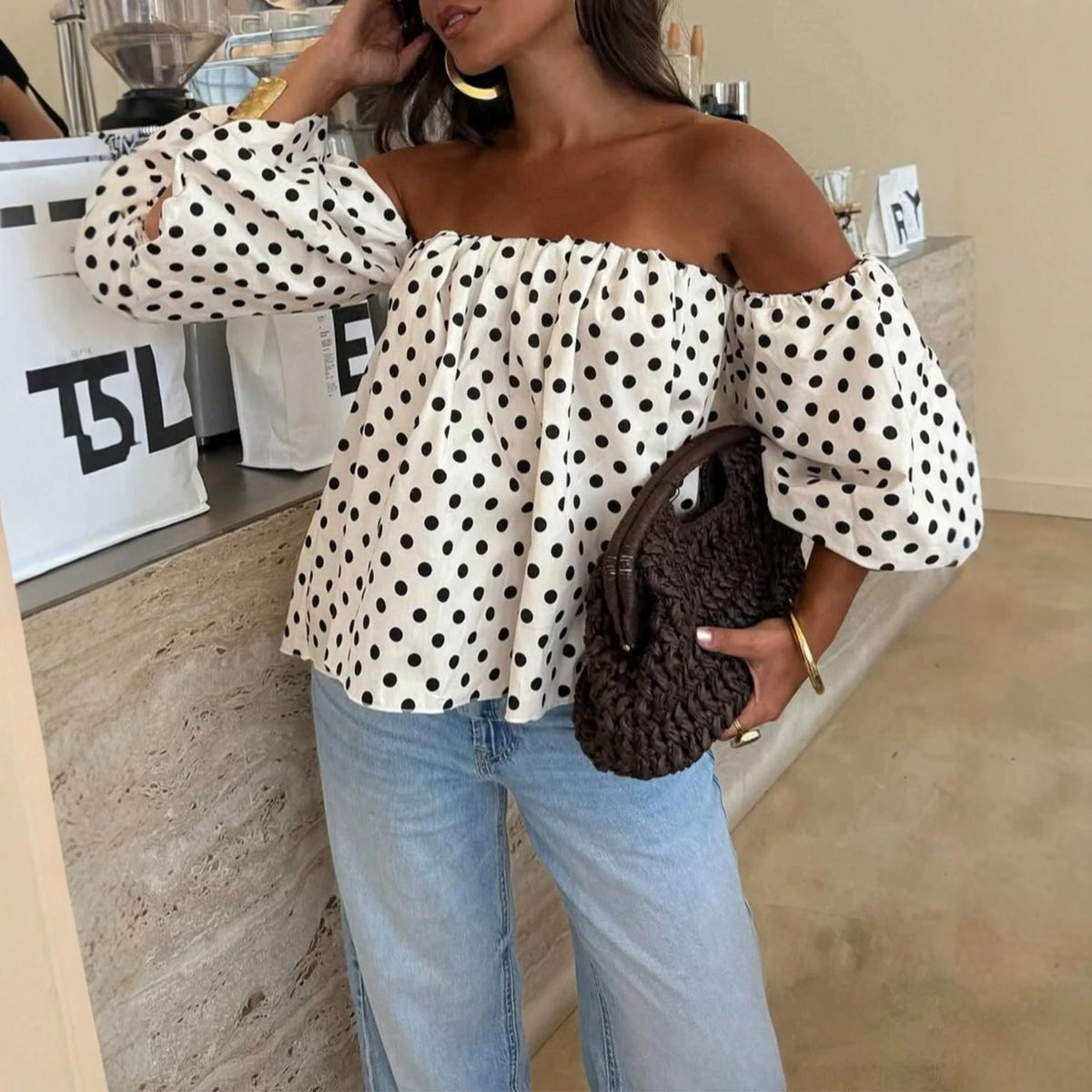 Off-shoulder Lantern-sleeve Short Top For Women