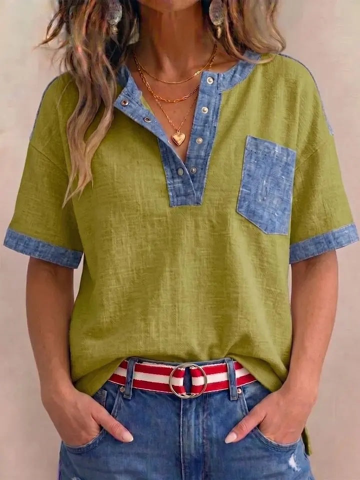 Women's Casual Loose-Fitting Patchwork Short-Sleeve Top