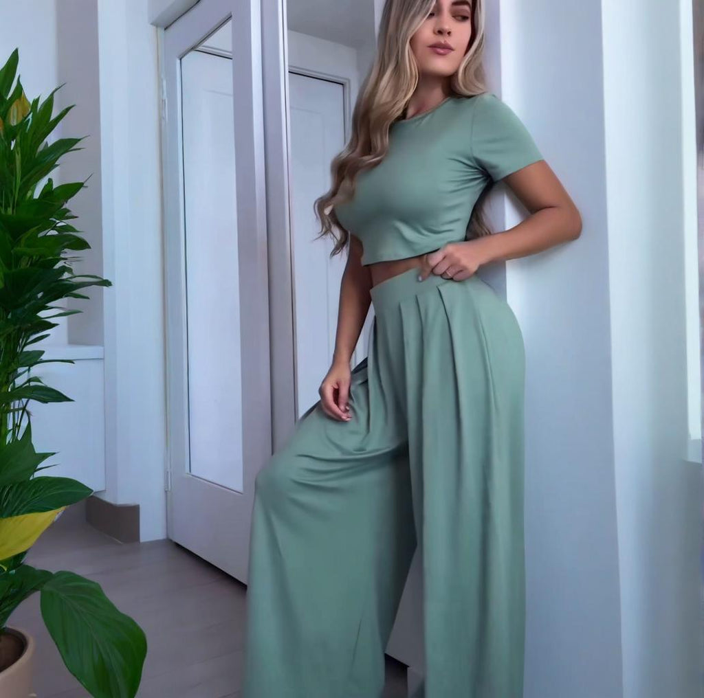 Crew-Neck Solid-Color Wide-Leg Pants Fashionable Casual Womens Set