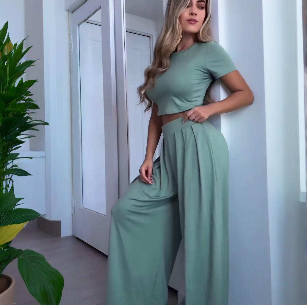 Crew-Neck Solid-Color Wide-Leg Pants Fashionable Casual Womens Set