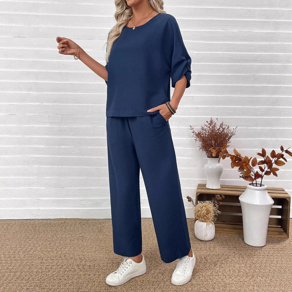 Crew-neck Top Wide-leg Pants Loose Fit