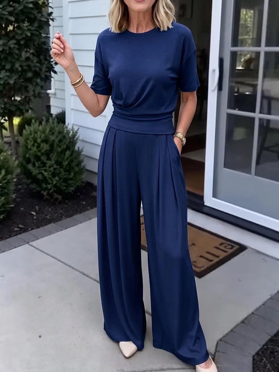 Womens Loose Crew-Neck T-Shirt And Wide-Leg Pants Two-Piece Set