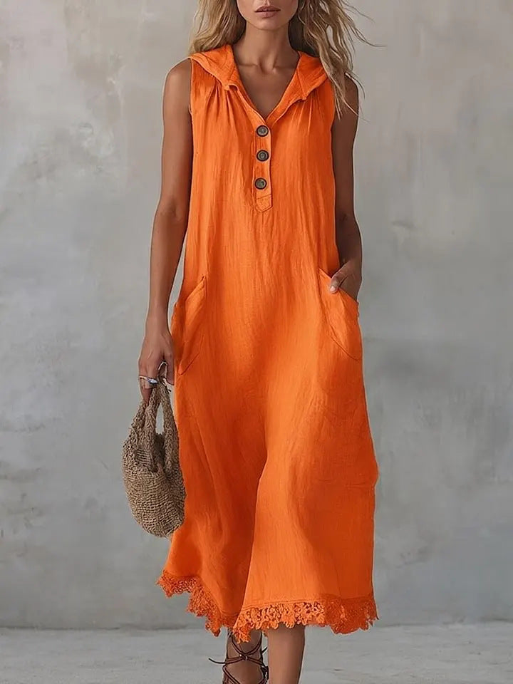 Casual Patchwork Lace-trimmed Linen And Cotton Hooded Dress