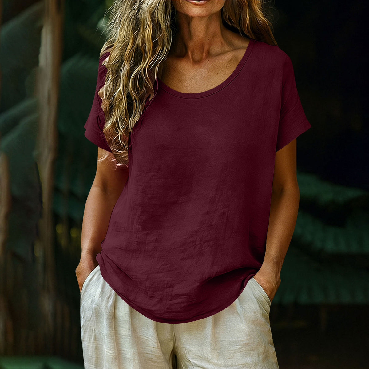 Casual Loose-Fitting Stylish Cotton-Linen Short-Sleeve Crew-Neck T-Shirt