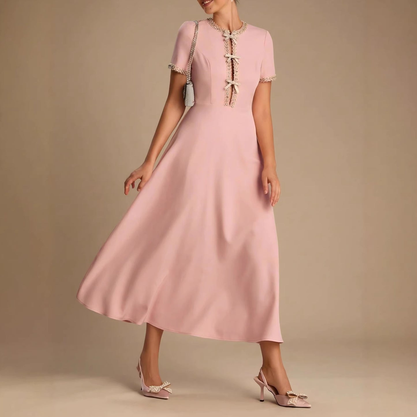 Womens Bow-Knot Short-Sleeve Casual Dress