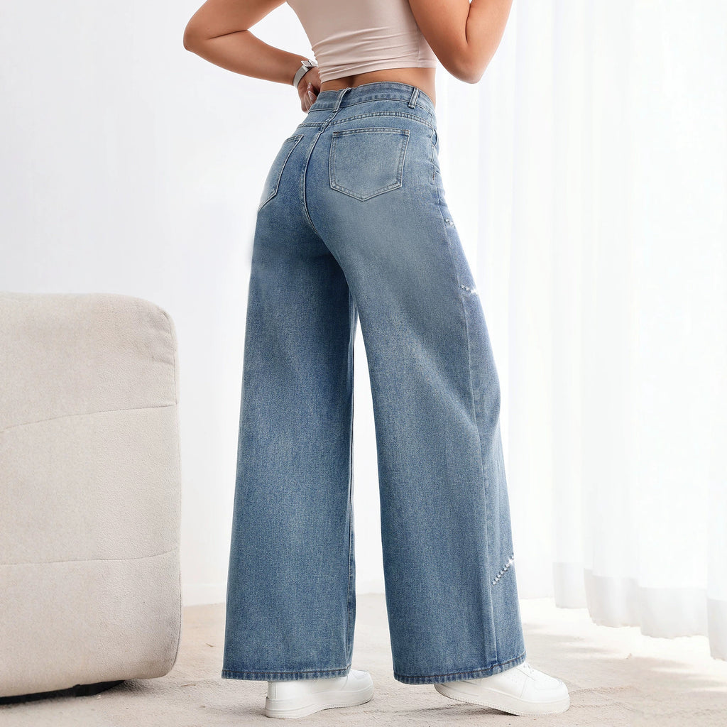American-style Vintage Womens Washed Denim Jeans With Beadwork