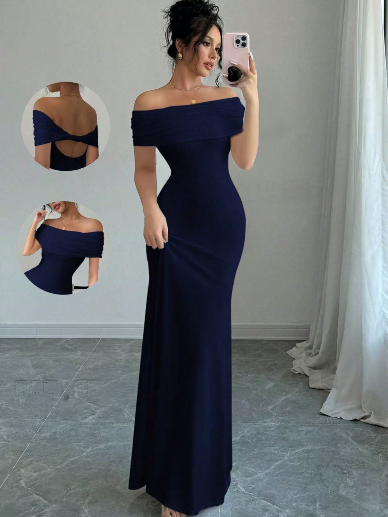 Womens Solid-Colored Sleeveless Off-Shoulder Fashionable Sheath Dress