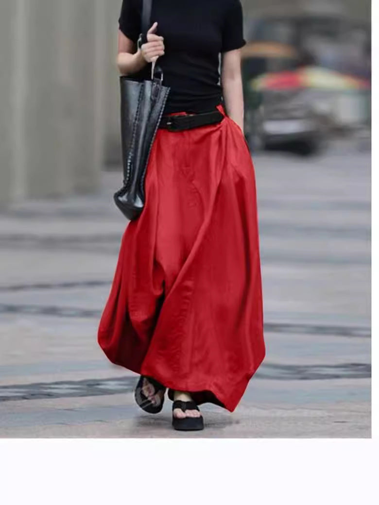 Womens Solid-color High-waisted Long Skirt