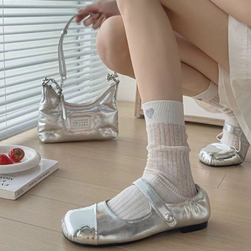 Coquette Heart Embroidered Sheer Ribbed Crew Socks, Off-White See-Through Mesh Socks, Women's Sweet Casual Socks For Mary Janes & Summer