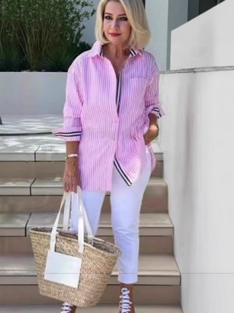 European And American-style Chic Commuter Long-Sleeve Striped Cardigan Womens Shirt