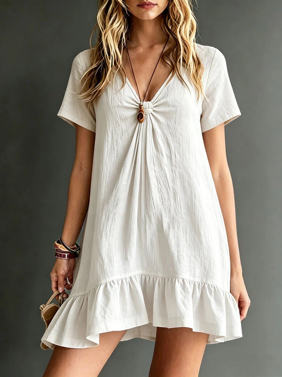 Womens Solid-Color V-Neck Short-Sleeve Casual Dress