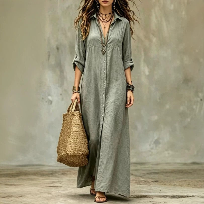 Shirt-collar Floor-length Casual Simple Long Dress