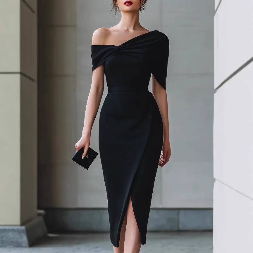 Elegant Commuter Solid-Color Asymmetrical Dress Gown