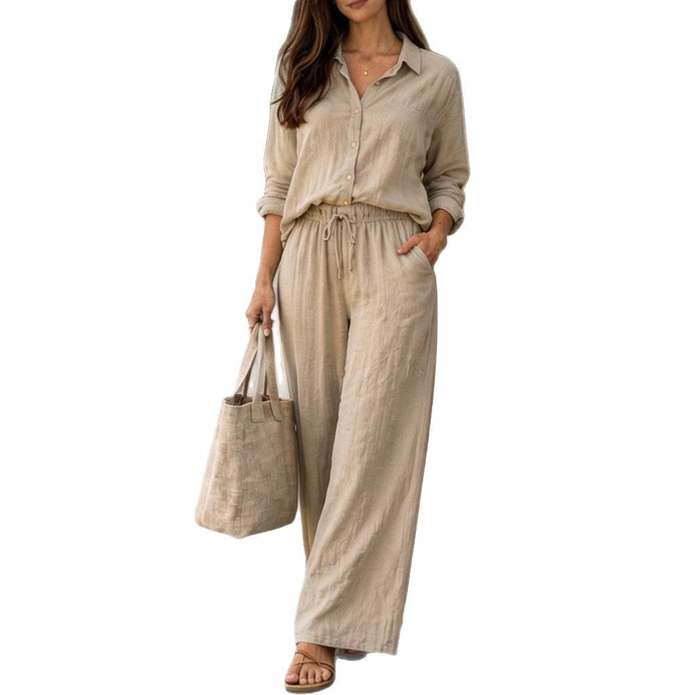 Womens Casual Lapel Collar Pullover Long-Sleeve Pants Set