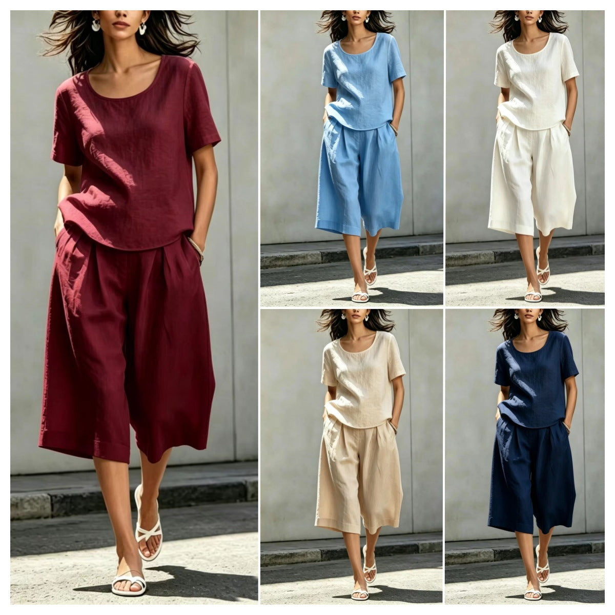 Cotton-linen Casual Loose-fitting Short-sleeve Top And Shorts Set