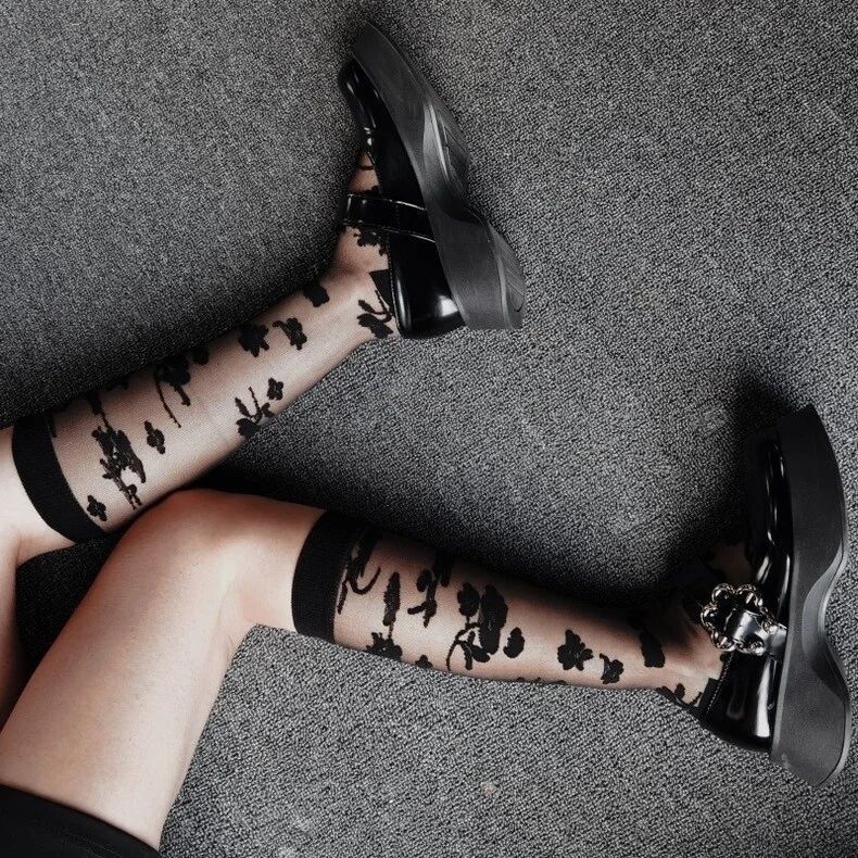 Coquette Floral Sheer Mesh Crew Socks, Black & White Flower Pattern Transparent Socks, Women's Breathable Casual Socks For Summer & Mary Janes