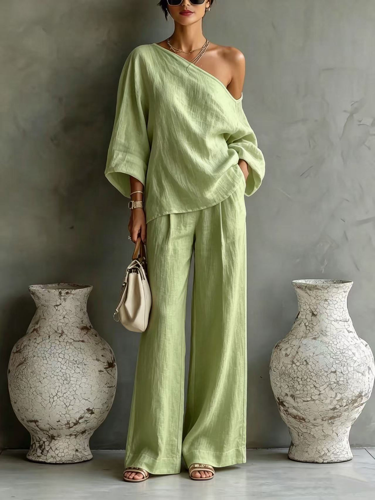 Elegant Off-shoulder Top And Loose Wide-leg Pants Set In A Relaxed, Laid-back Style