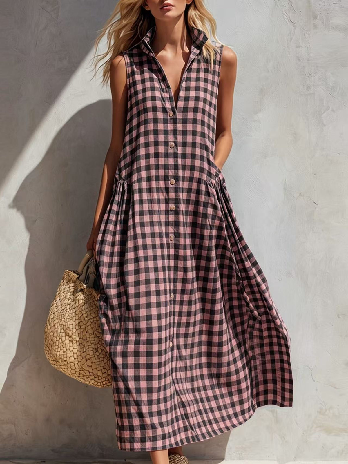 New Summer Beach Plaid Loose Long Dress