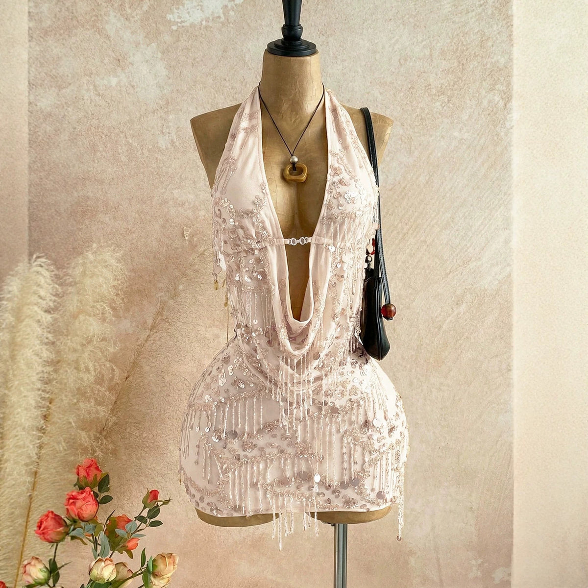 Sequin Tassel Halter Bodysuit And Cutout Figure-hugging Sheath Skirt