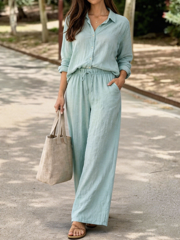 Womens Casual Lapel Collar Pullover Long-Sleeve Pants Set