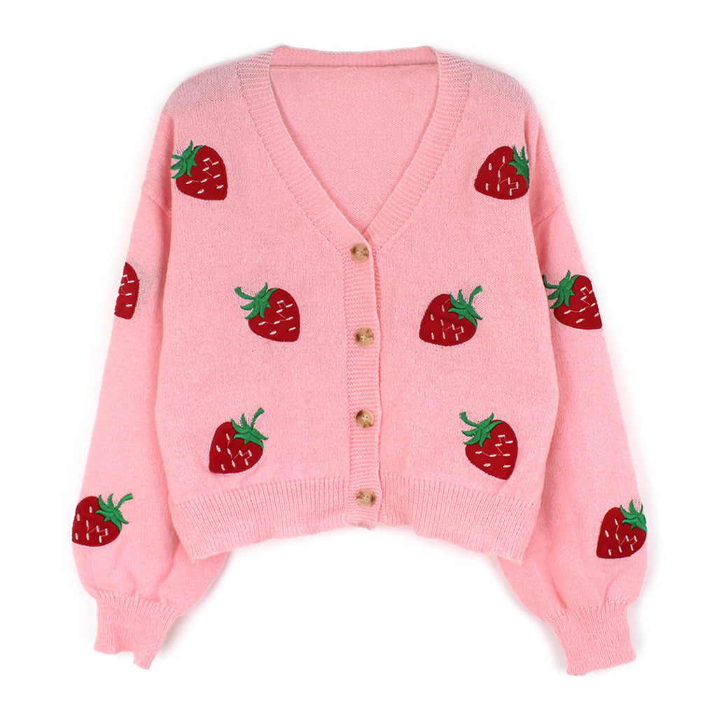 Long-sleeve Cardigan With Strawberry Embroidery Springautumn Jacket