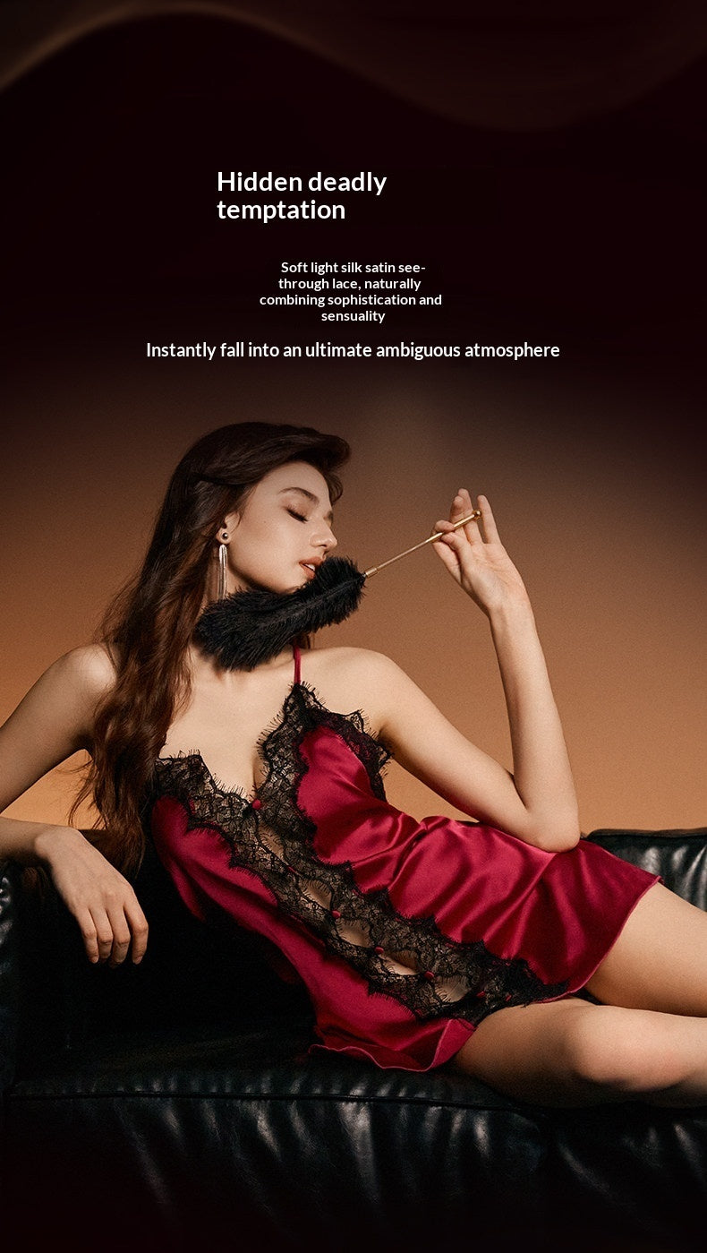 Sensual Silk Satin Hollow-Out Slip Nightdress