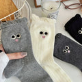 Kawaii Big Eye Embroidered Ribbed Crew Socks, Cute Cartoon Face Ruffle Cuff Socks In Black, White & Grey, Women's Sweet Casual Socks For Everyday & Sneakers