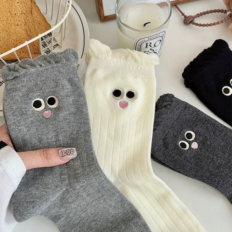 Kawaii Big Eye Embroidered Ribbed Crew Socks, Cute Cartoon Face Ruffle Cuff Socks In Black, White & Grey, Women's Sweet Casual Socks For Everyday & Sneakers