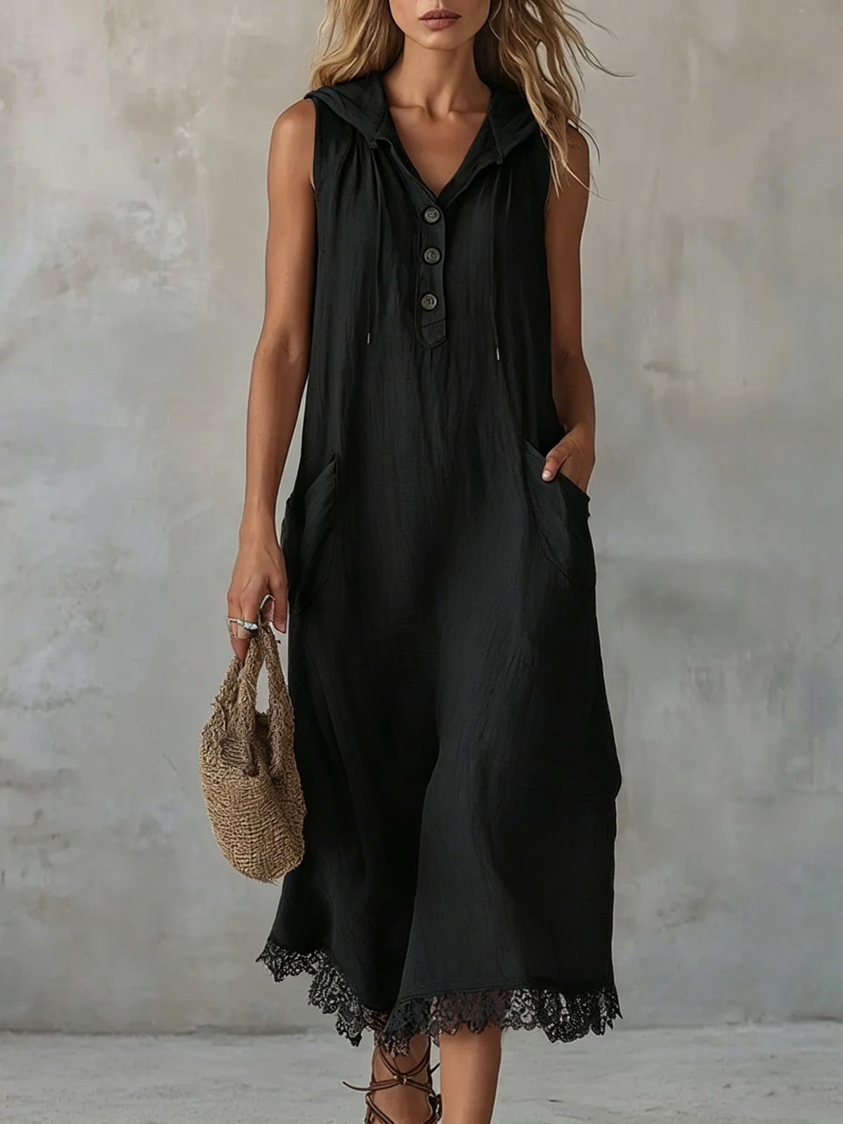 Casual Patchwork Lace-trimmed Linen And Cotton Hooded Dress