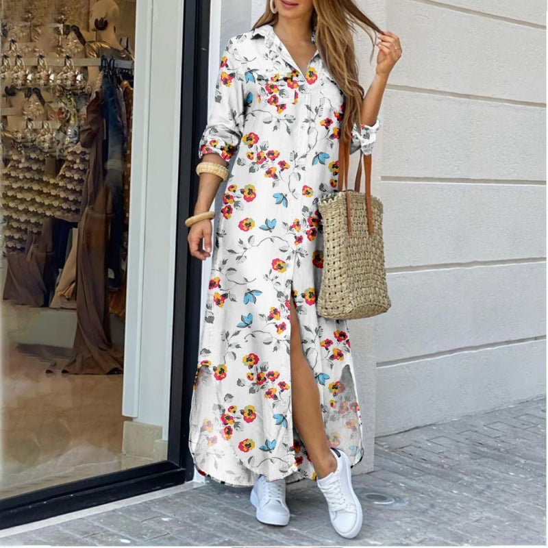 Lapel-collar Long Shirt Dress For Women