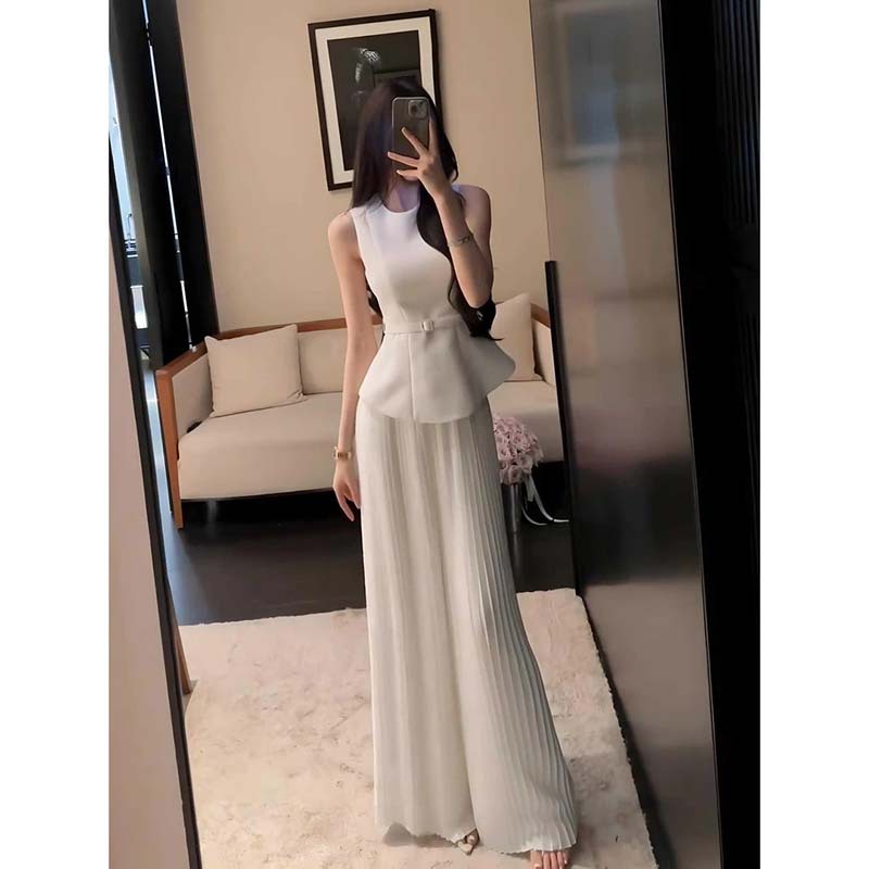 Pleated Vest And Wide-leg Pants Two-piece Set