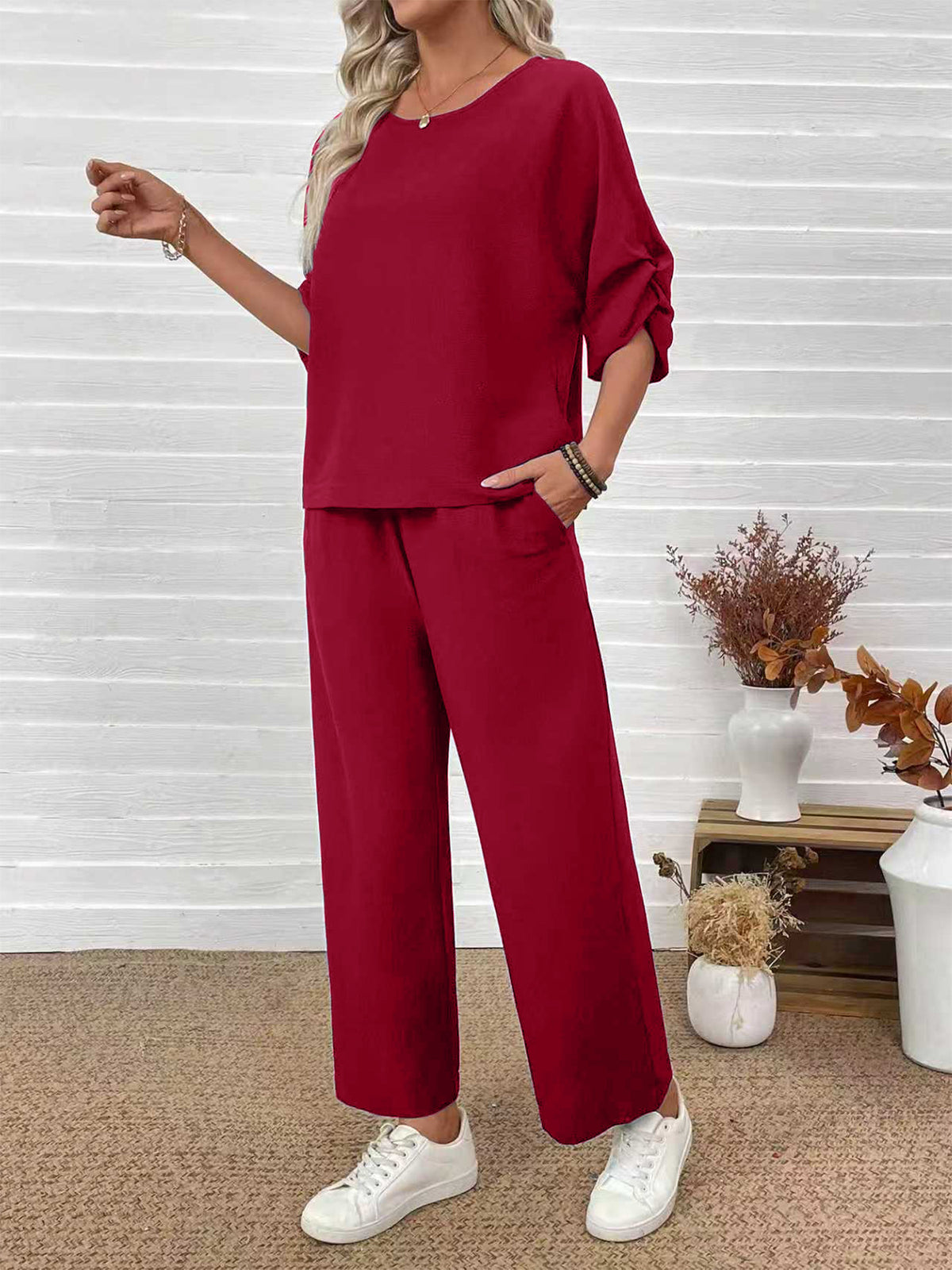 Crew-neck Top Wide-leg Pants Loose Fit