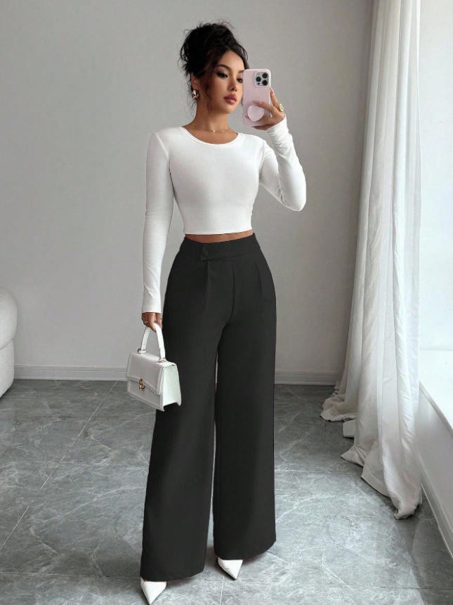 Womens Solid-color Casual All-match Long Pants With A Waist Panel Seam