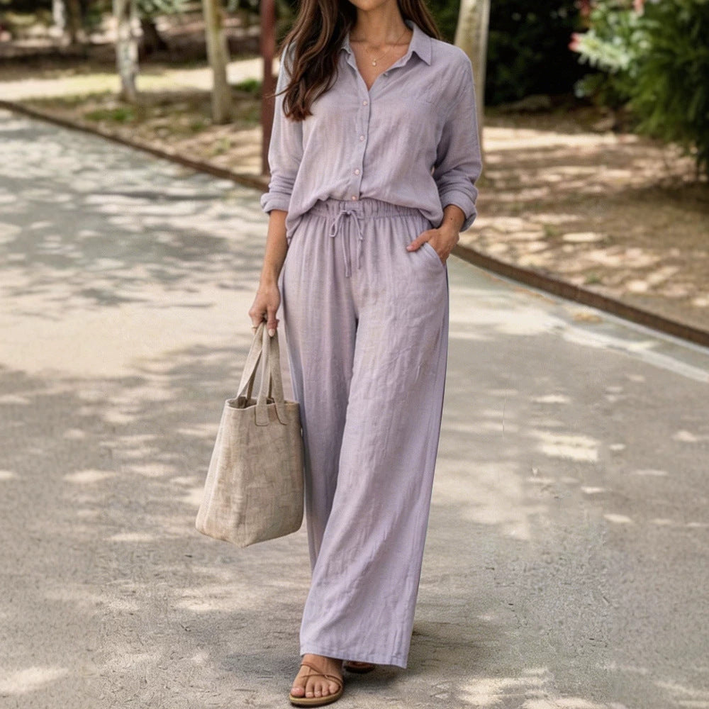 Womens Casual Lapel Collar Pullover Long-Sleeve Pants Set
