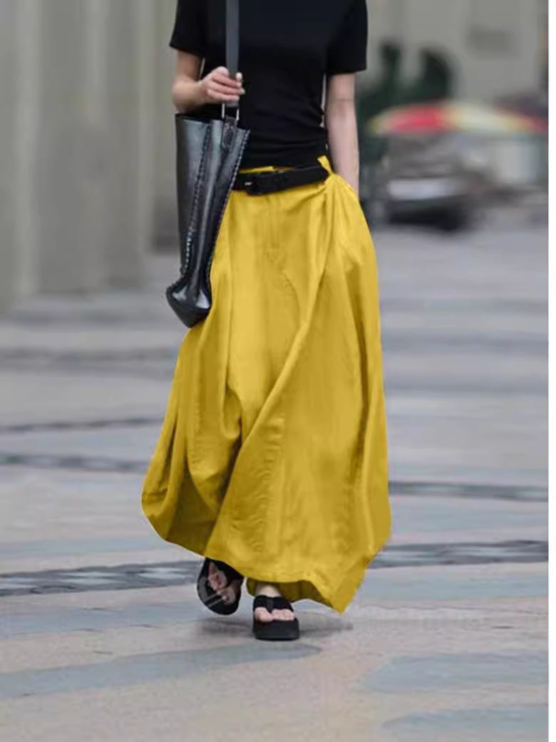 Womens Solid-color High-waisted Long Skirt