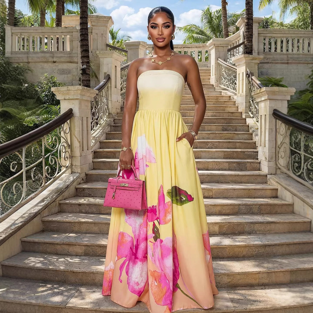 Fashionable Strapless Off-Shoulder Slim-Fit Printed Evening Gown Pleated Dress