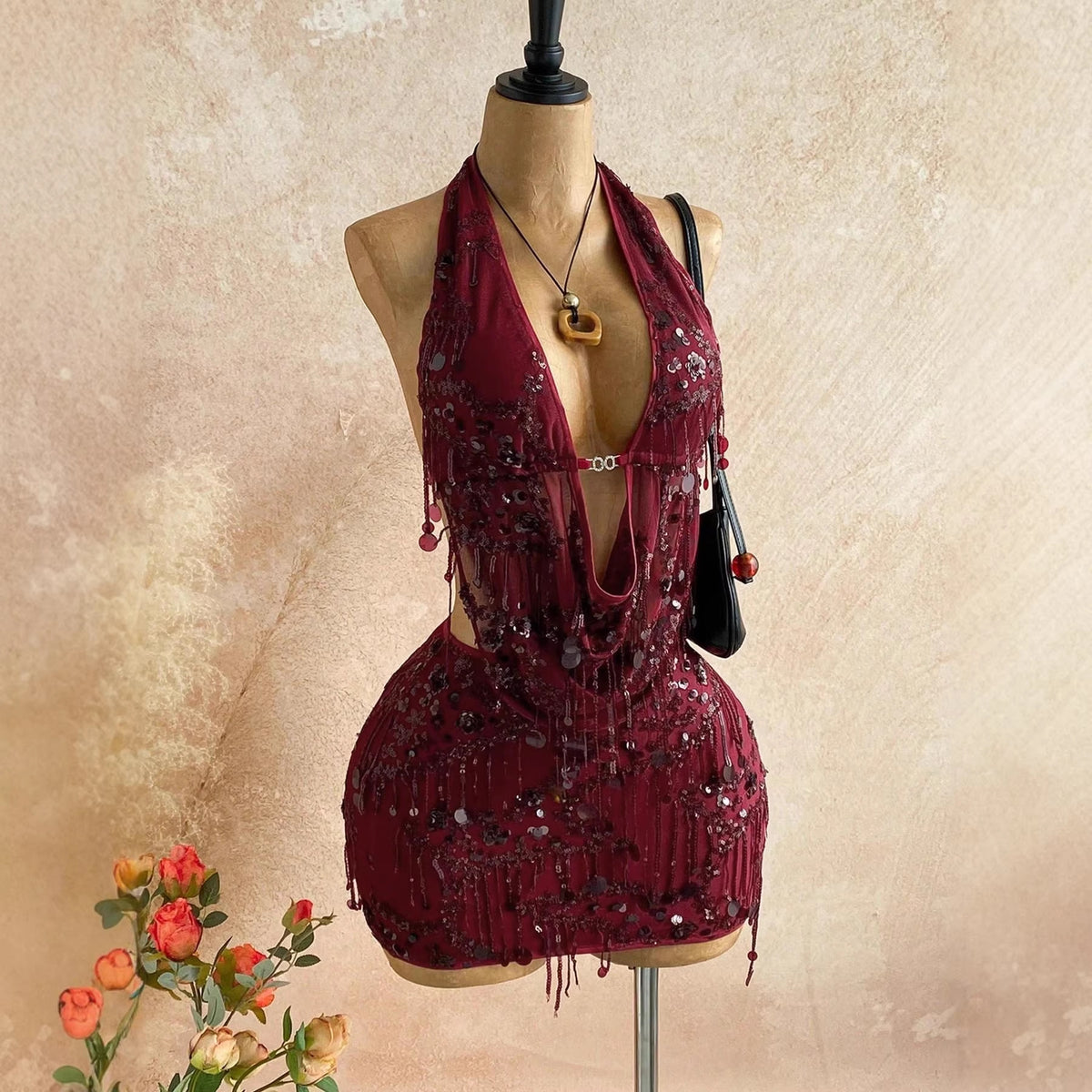 Sequin Tassel Halter Bodysuit And Cutout Figure-hugging Sheath Skirt