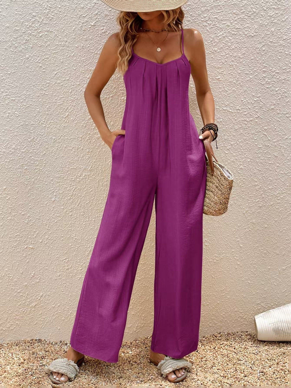 Adjustable-strap Jumpsuit Vacation Style Solid Color Elegant