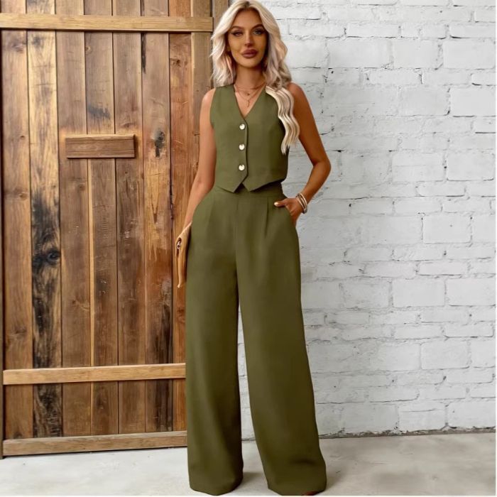 Womens Fashion Plus-Size Buttoned Vest Set