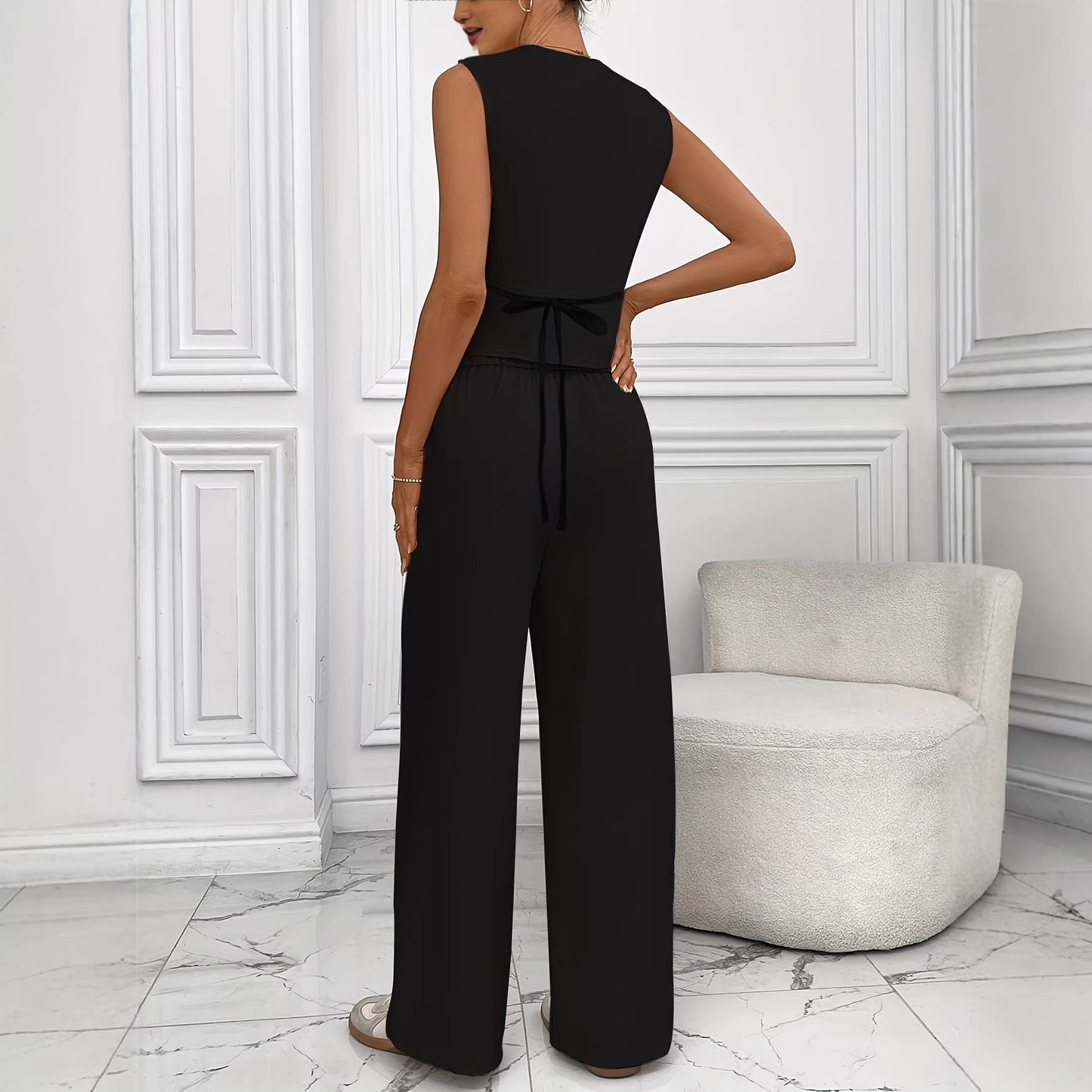 Stylish Off-white Sleeveless Vest And Wide-leg Pants Set For Women Summer Style