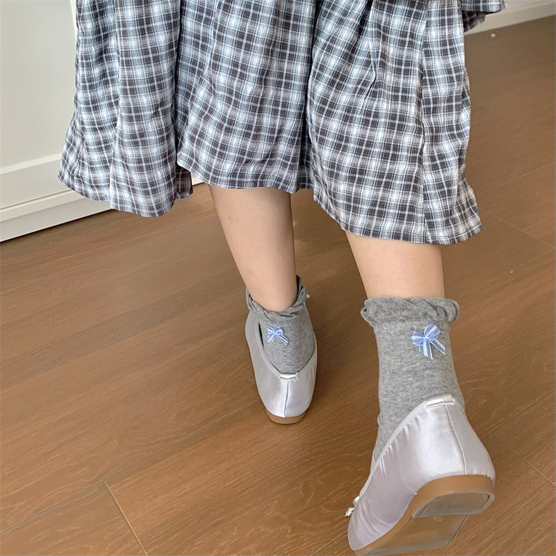 Coquette Ruffle Cuff Crew Socks, Sheer Bow Embellished Mid-Calf Socks, Women's Sweet Balletcore Socks In Pastel & Neutral Tones