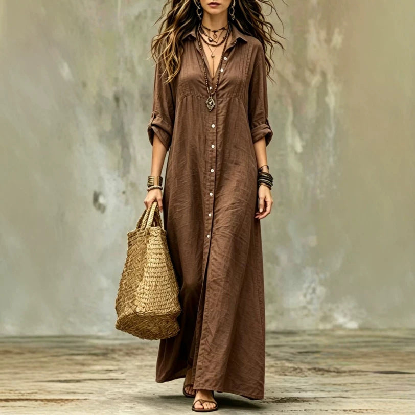Shirt-collar Floor-length Casual Simple Long Dress