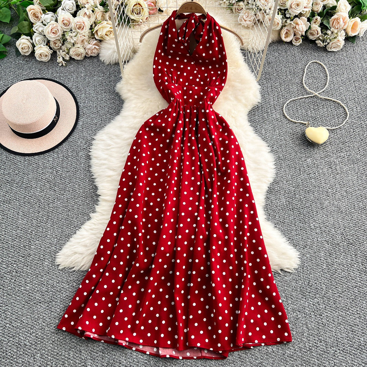 Womens French-style Polka-dot Halter-neck Dress